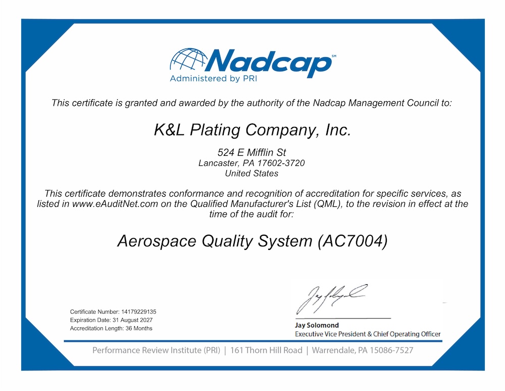 K&L Plating Nadcap Certificate - Aerospace Quality System.
