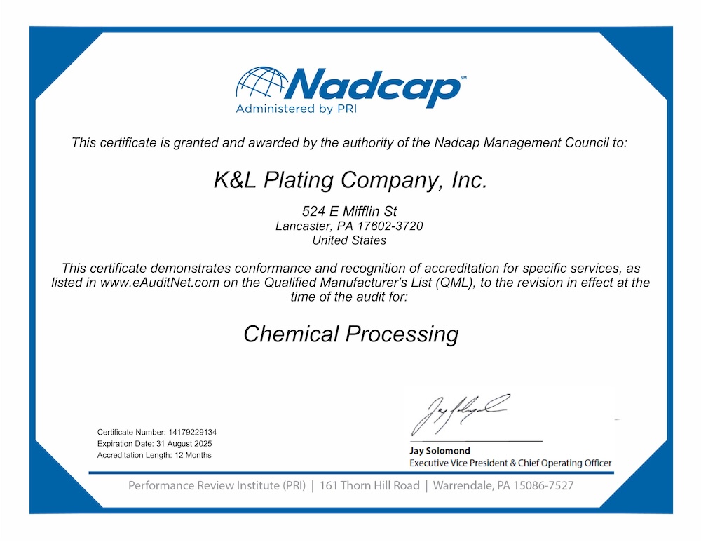 K&L Plating Nadcap Certificate - Aerospace Chemical Processing.